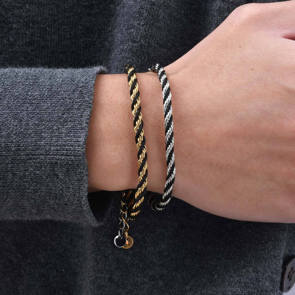 Close-up of Cycolinks Black Braided Rope Twist Stainless Steel Bracelet Showing Intricate Design

