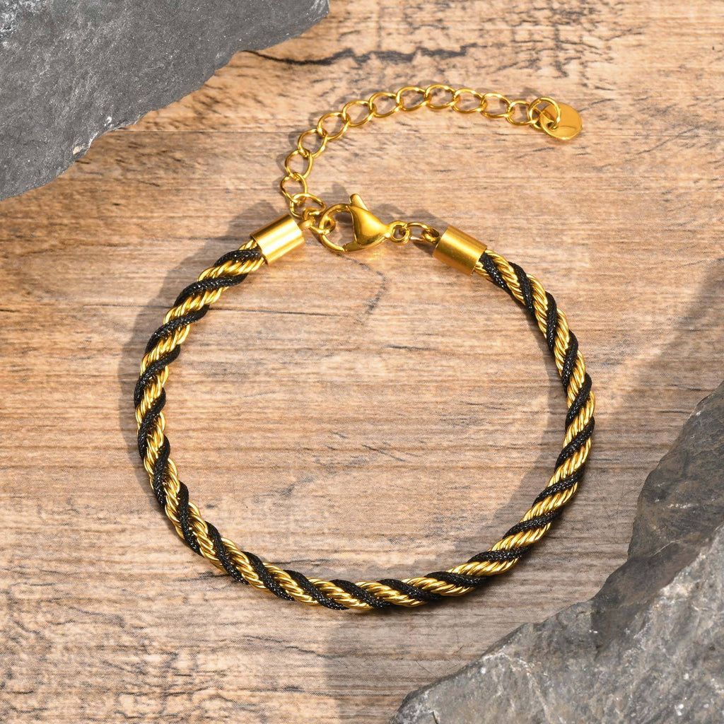 Stainless Steel Black Braided Rope Twist Bracelet Styled with Casual and Elegant Outfits
