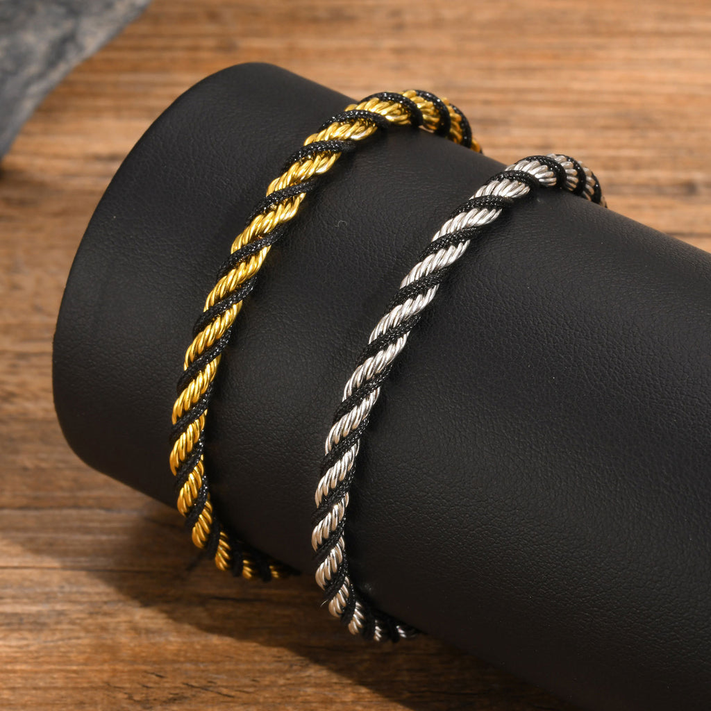 Close-up of Cycolinks Black Braided Rope Twist Stainless Steel Bracelet Showing Intricate Design
