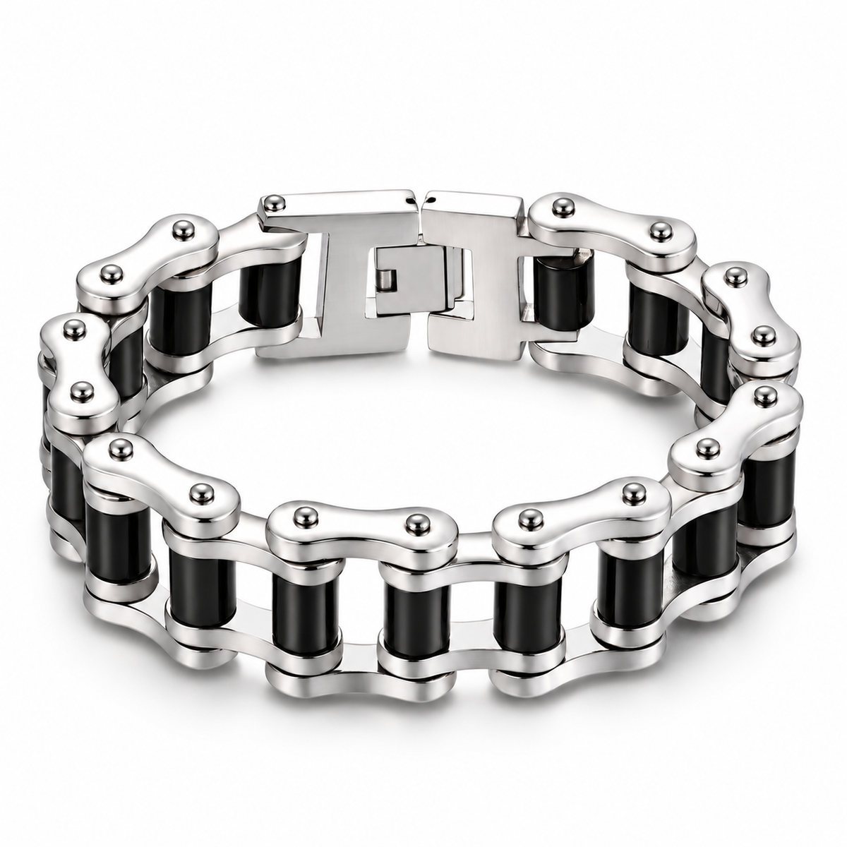The Beast bike chain bracelet with polished silver plates and black rollers on a white background