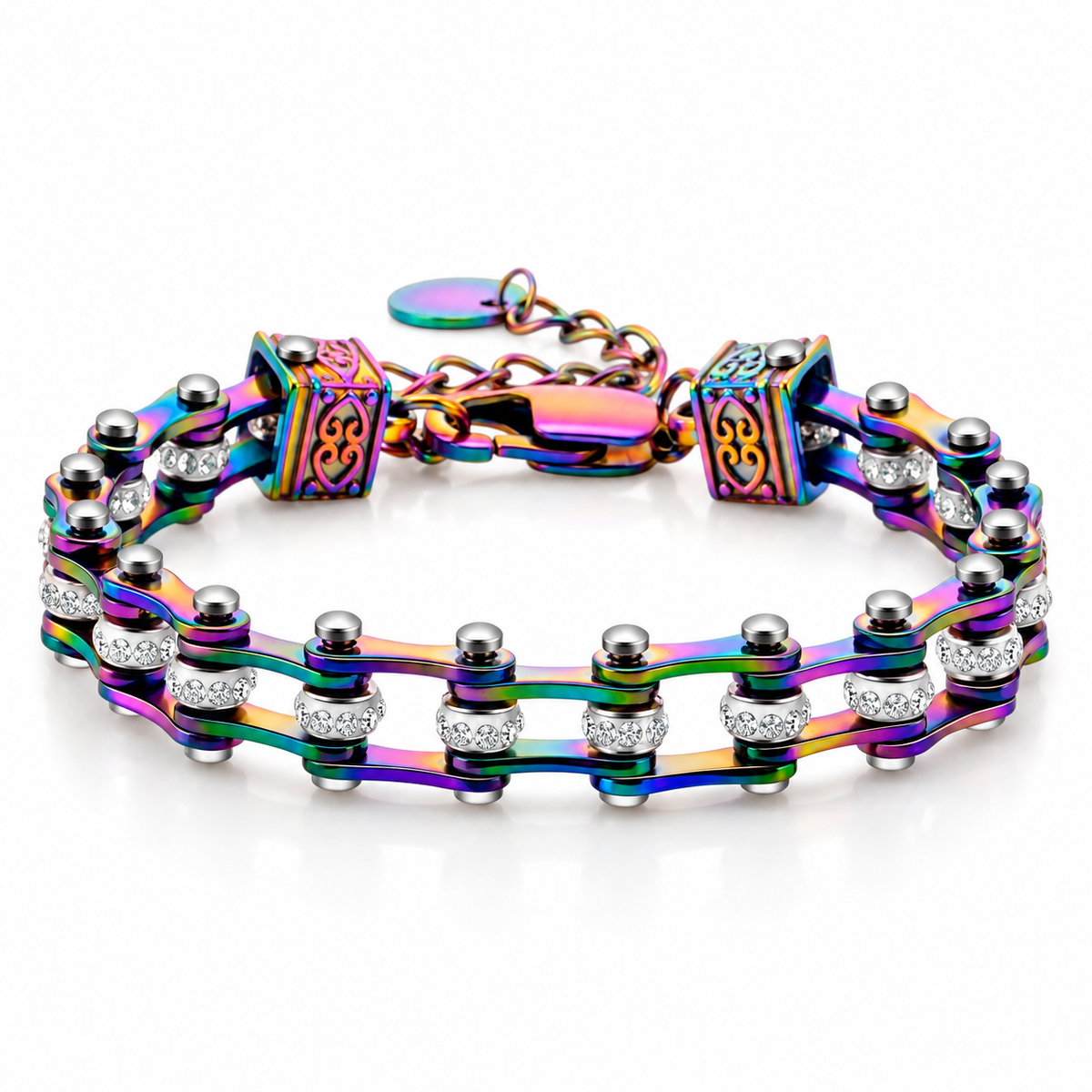 Rainbow Crystal Charm Bike Chain Bracelet – Adjustable, complete bracelet on a white background