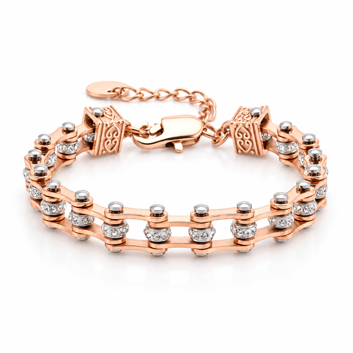 Rose Gold Crystal Charm Bike Chain Bracelet – Adjustable, complete bracelet on a white background