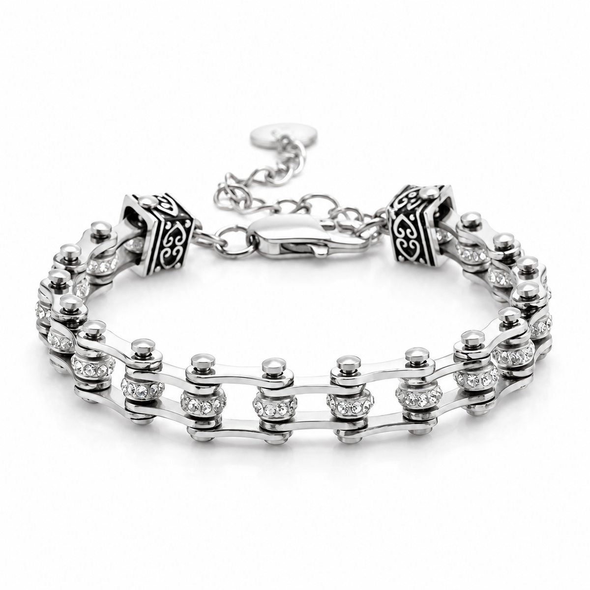 Silver Crystal Charm Bike Chain Bracelet – Adjustable, complete bracelet on a white background