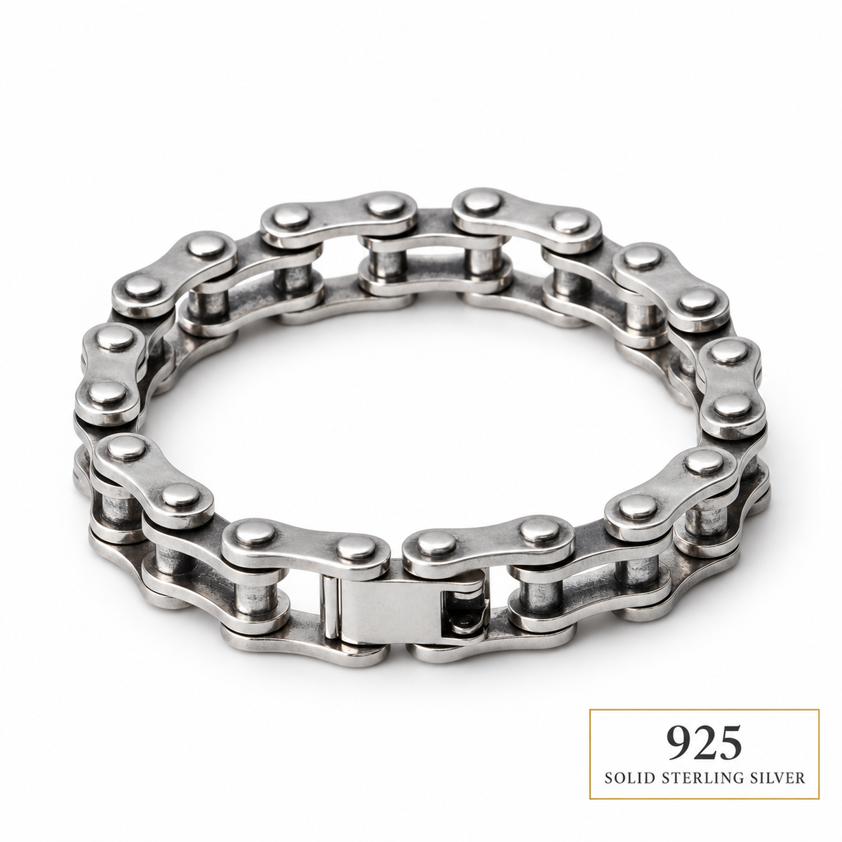 13mm solid 925 sterling silver bike chain bracelet on white background