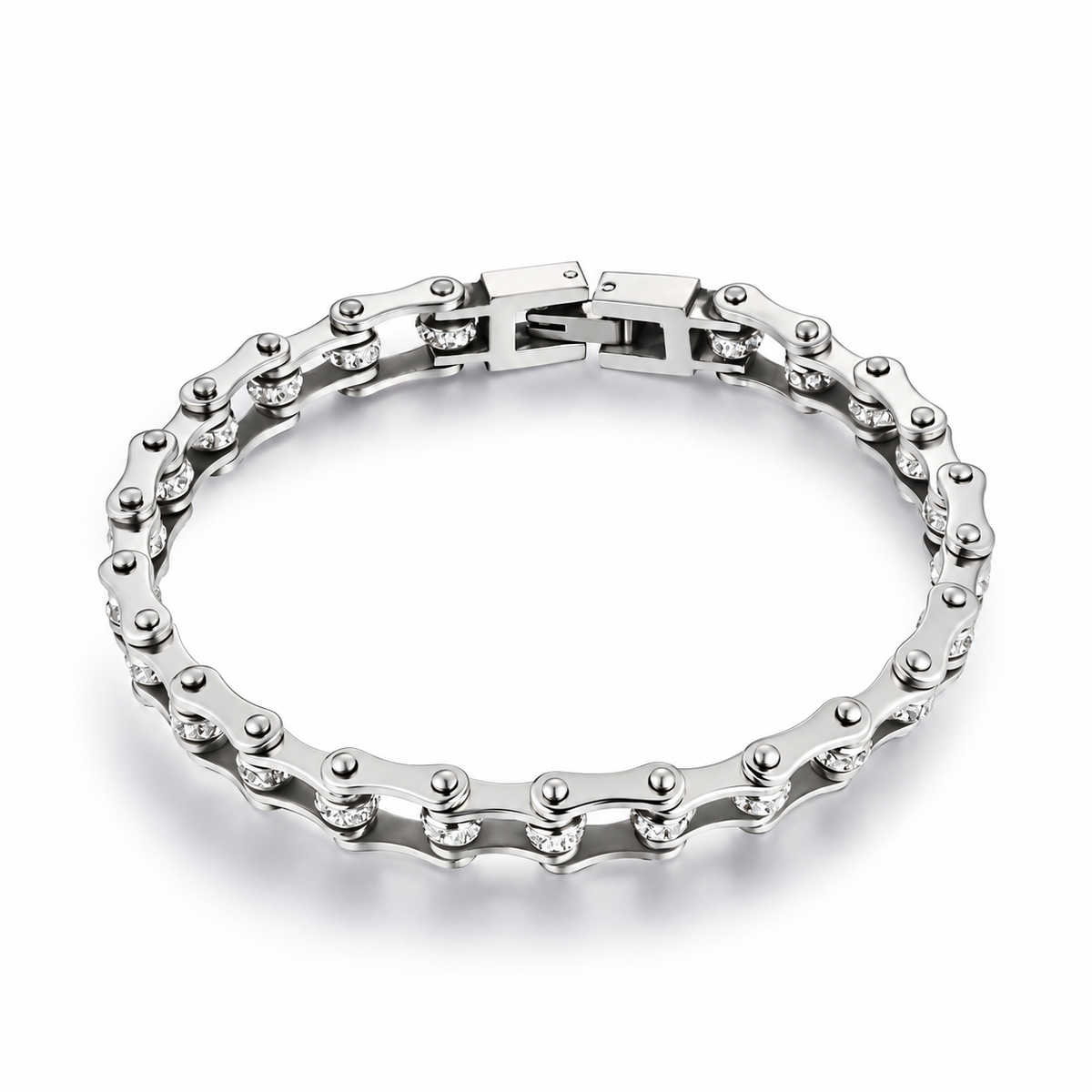 Silver Crystal Bike Chain Bracelet – 7mm, complete bracelet on a white background