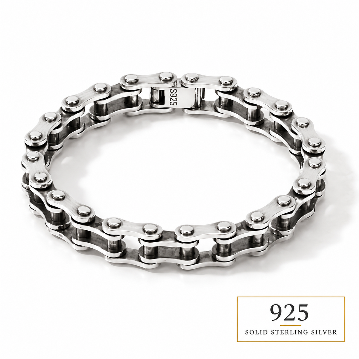 8mm solid 925 sterling silver bike chain bracelet on white background