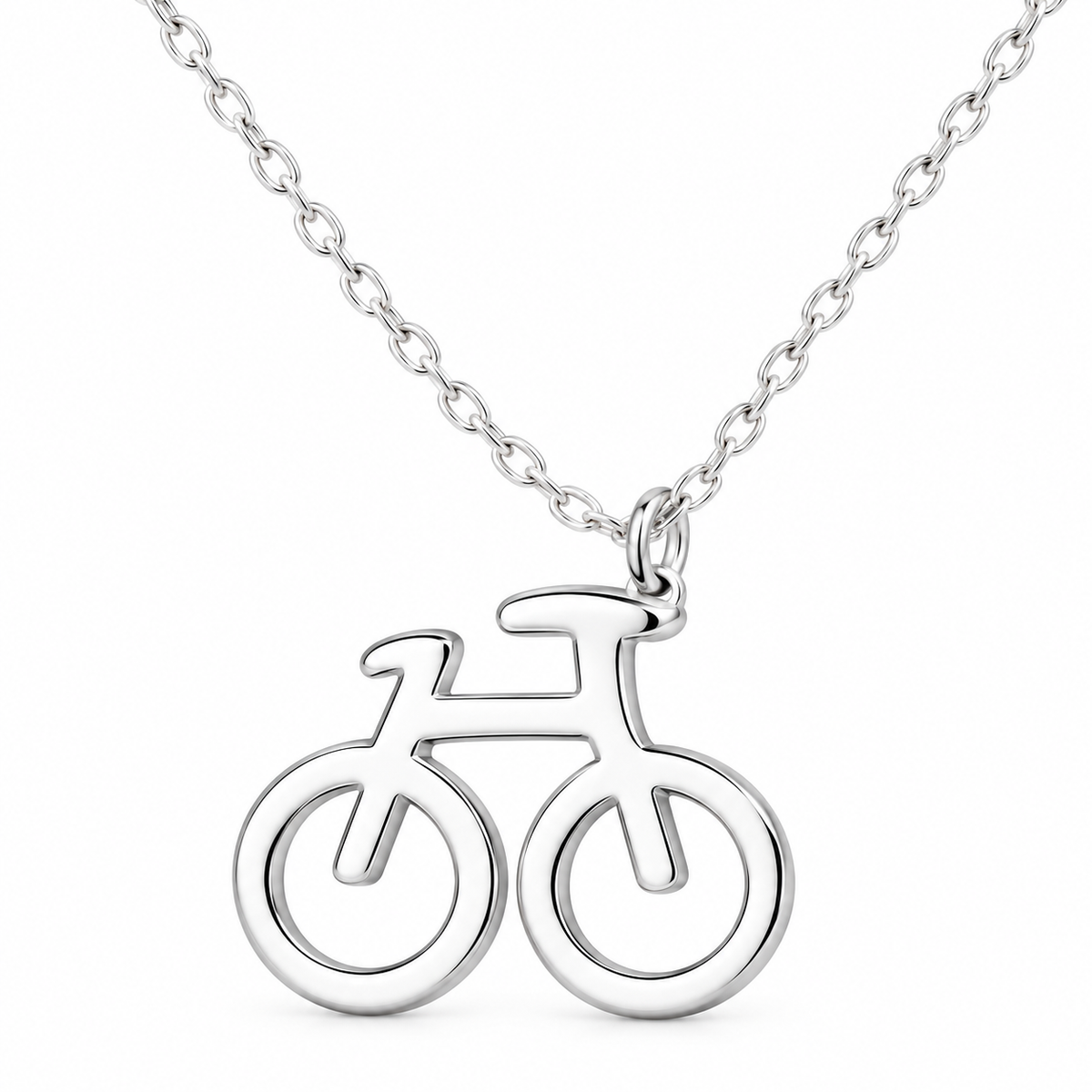 925 sterling silver bicycle outline necklace facing straight ahead on a white background