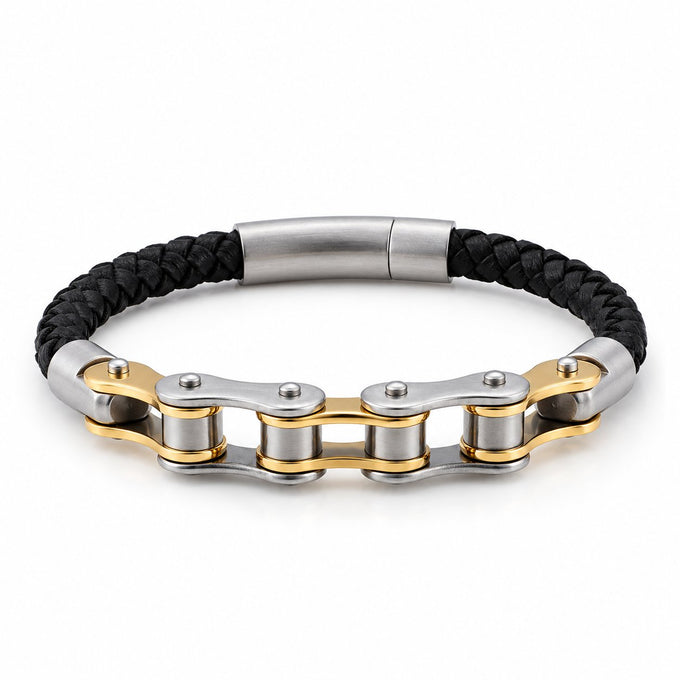 gold silver Leather Bike Chain Bracelet with black braided leather on a white background