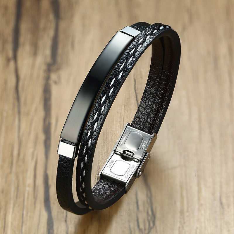 Personalised Stainless Steel & Leather Bracelet in Black colour