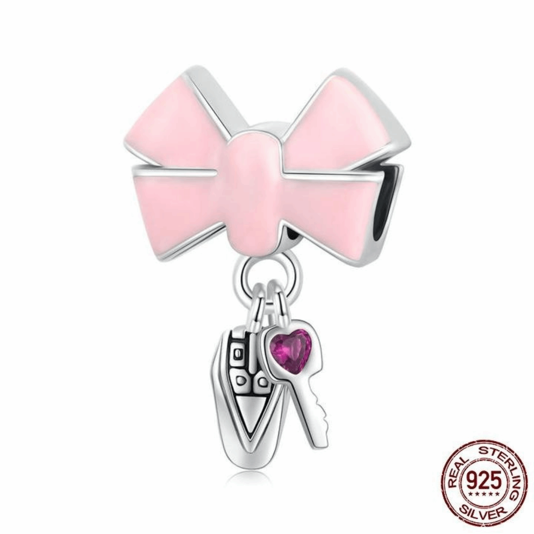 925 Sterling Silver Pink Bow & Key Fob Charm