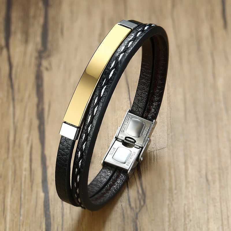 Personalised Stainless Steel & Leather Bracelet in Gold colour