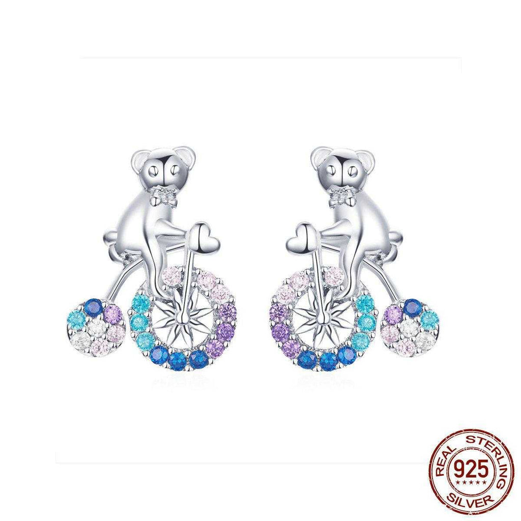 Cycolinks 925 Sterling Silver Cute Bicycle Zircon Stud Earrings - Cycolinks