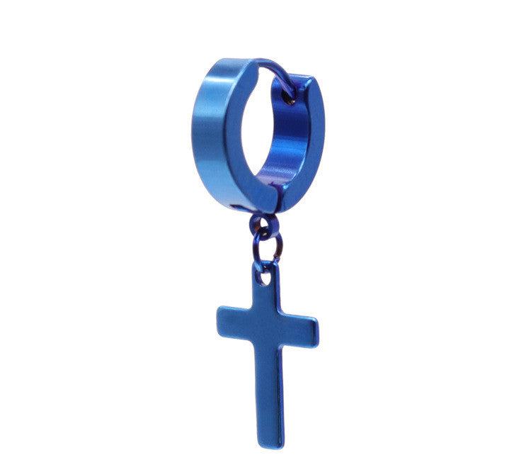 Stainless Steel Cross Drop Earrings in Blue colour