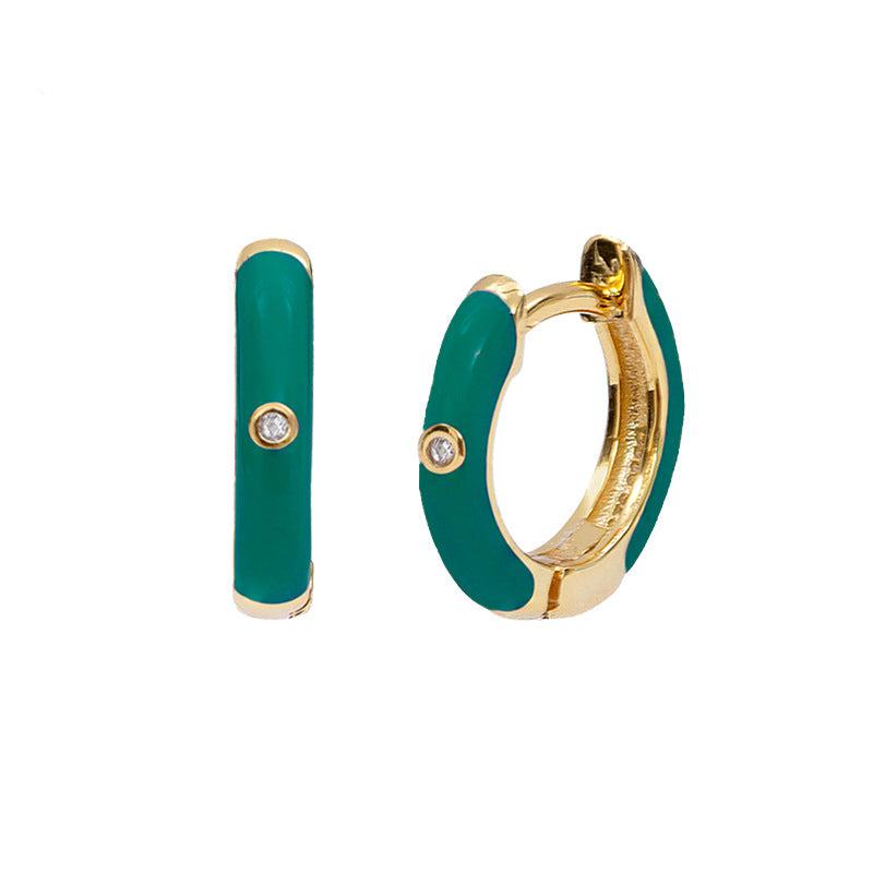 925 Sterling Silver Enamel Hoop Earrings in Green colour