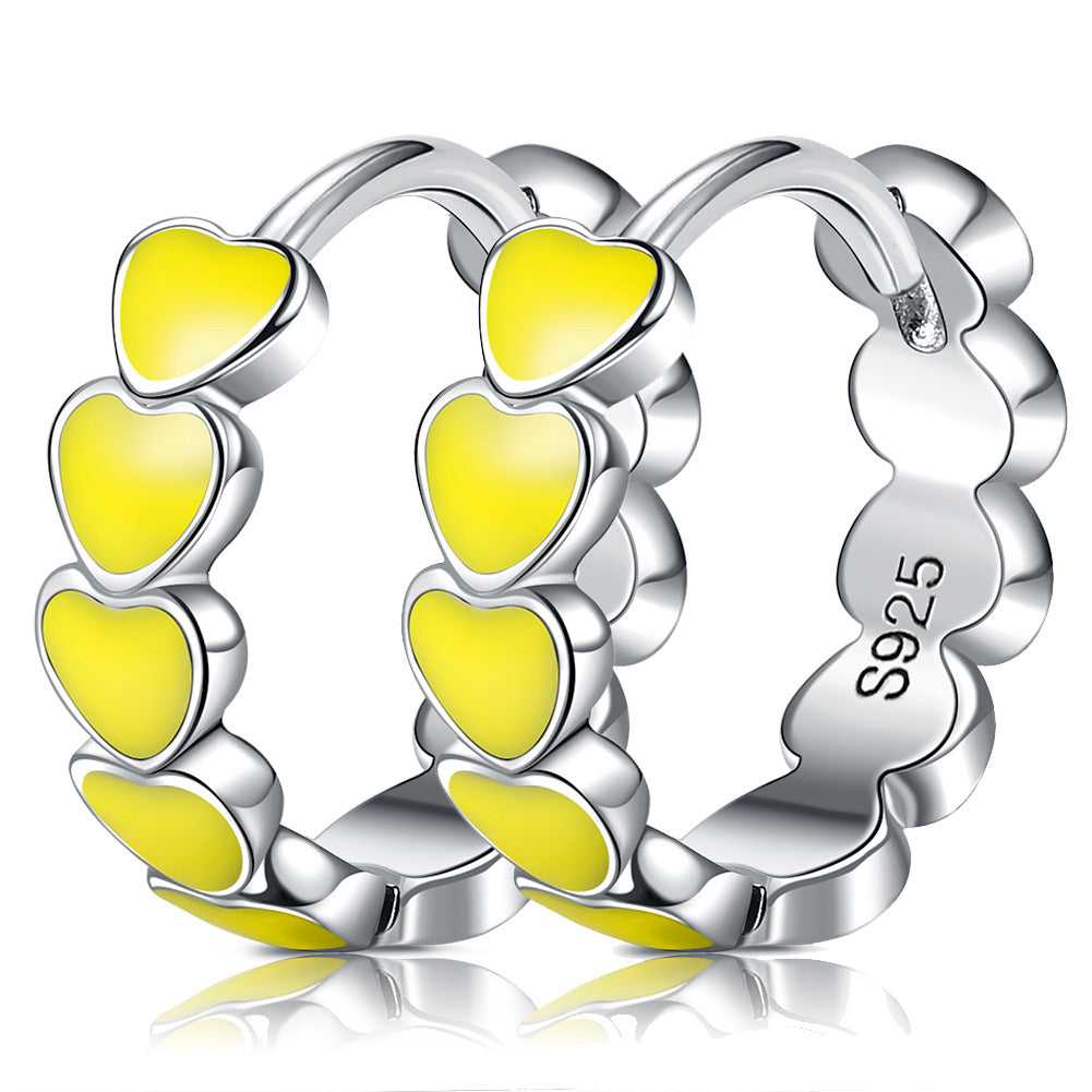 925 Sterling Silver Enamel Heart Hoop Earrings in Yellow colour