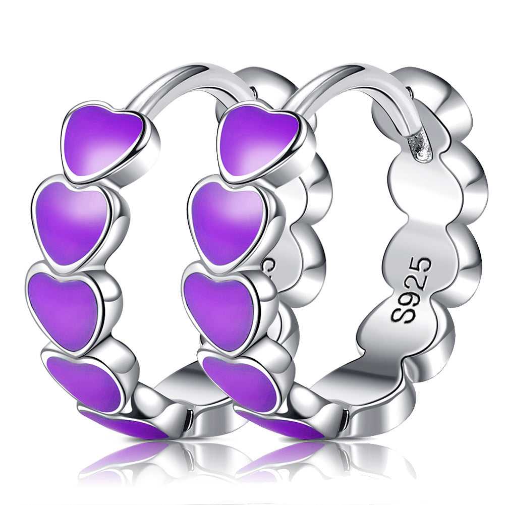 925 Sterling Silver Enamel Heart Hoop Earrings in Purple colour
