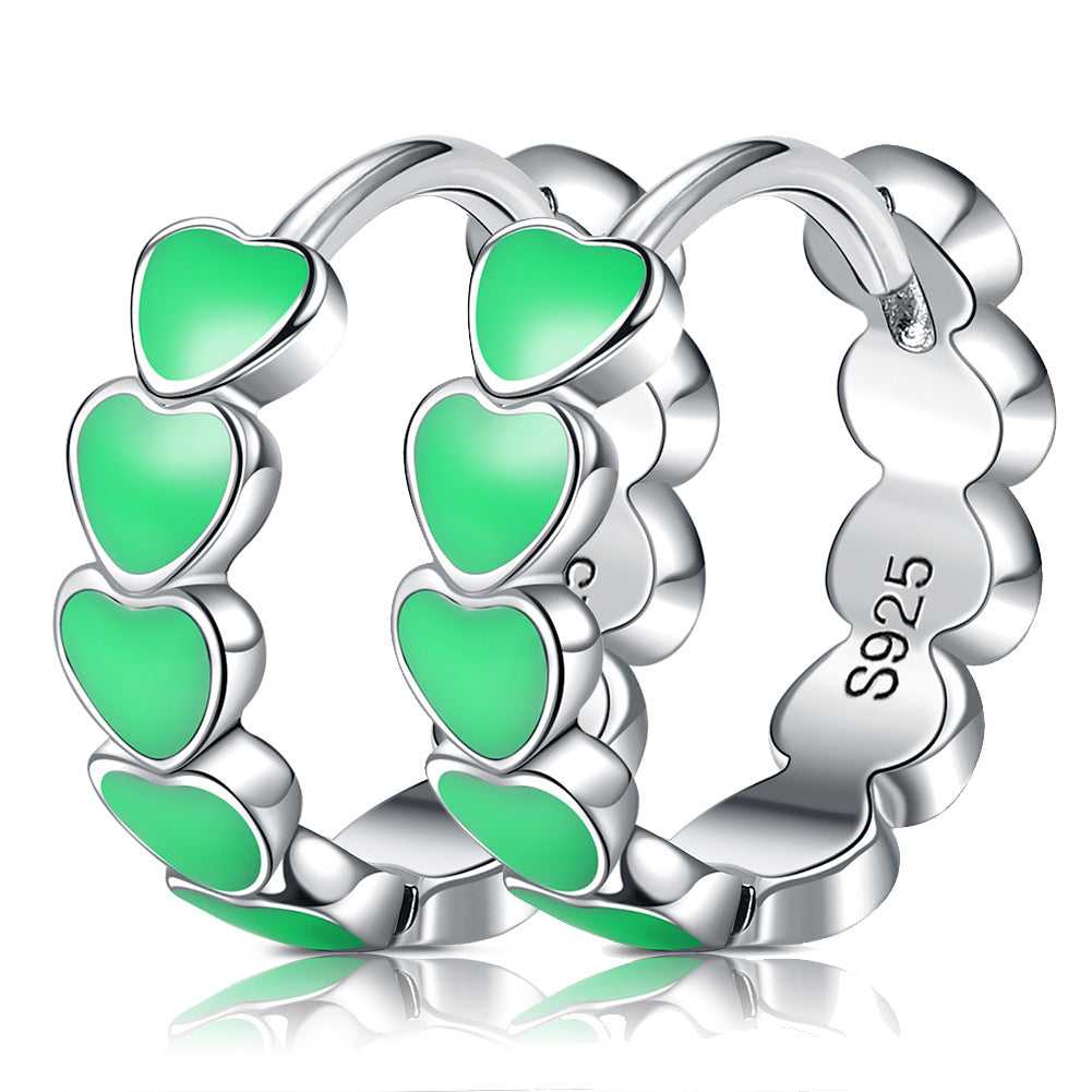 925 Sterling Silver Enamel Heart Hoop Earrings in Green colour