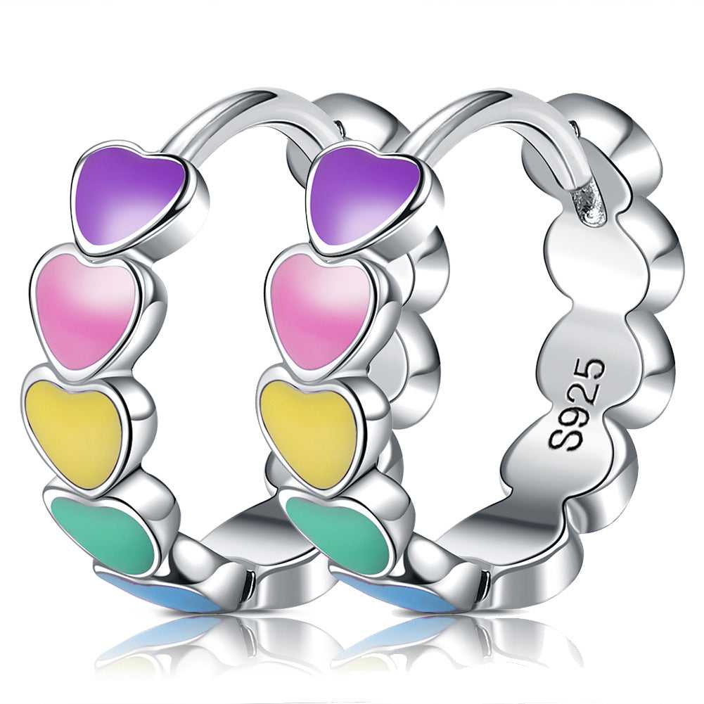 925 Sterling Silver Enamel Heart Hoop Earrings in Rainbow colour
