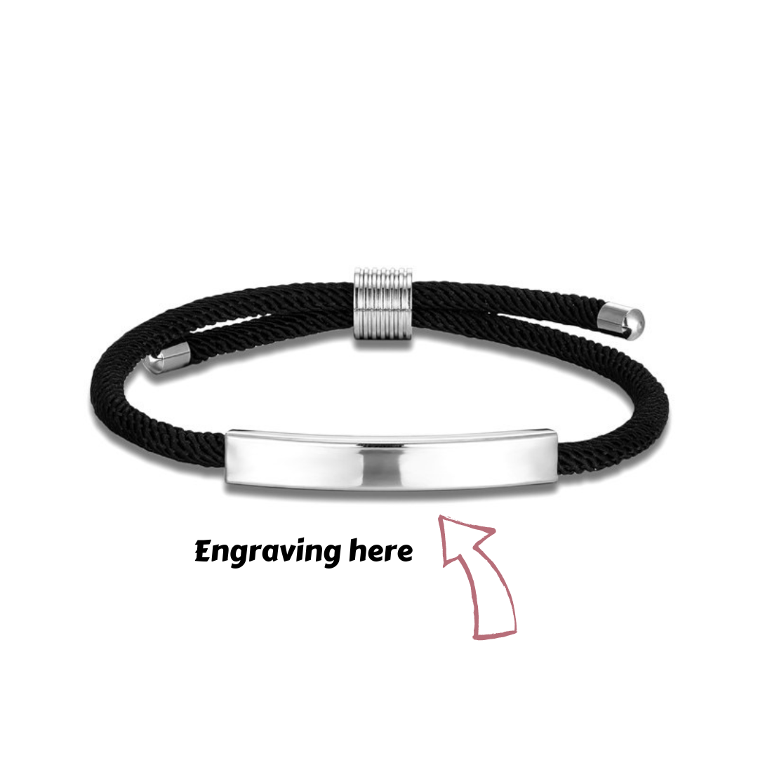 Personalised Name Rope Bracelet in black with a blank silver-coloured engraving plate