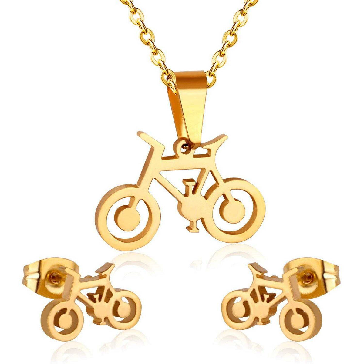 Bicycle Necklace & Stud Earring Set in Gold colour