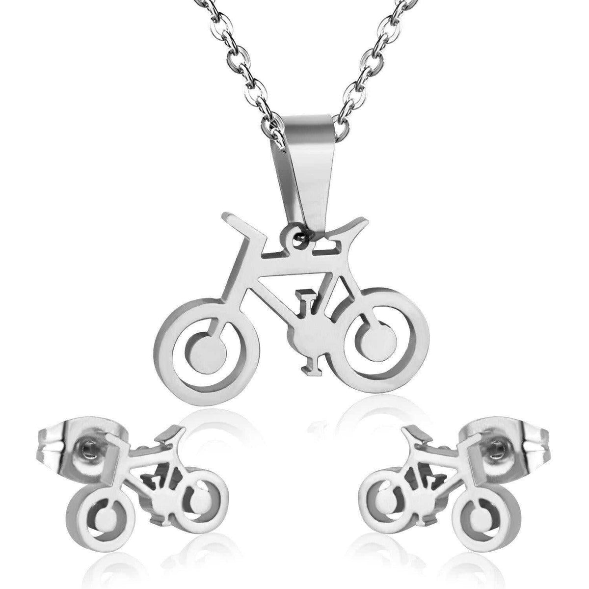 Bicycle Necklace & Stud Earring Set in Silver colour