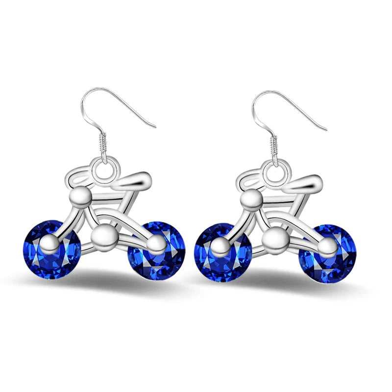 925 Sterling Silver CZ Bicycle Drop Earrings in Blue colour