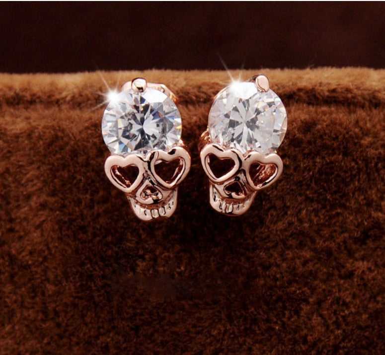 Rose Gold Crystal Skull Stud Earrings