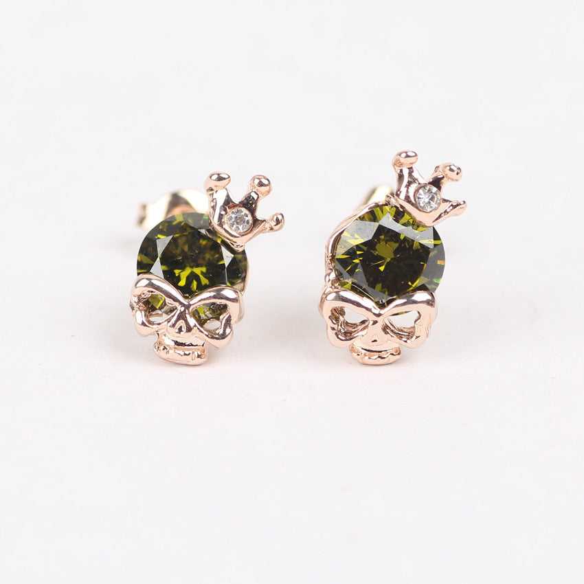 Skull Crown Zirconia Earrings in Green colour