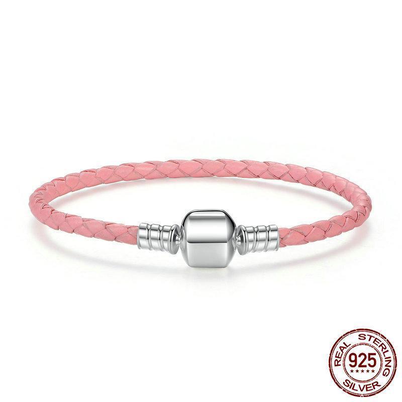 925 Sterling Silver & Braided Leather Charm Bracelet in Pink colour