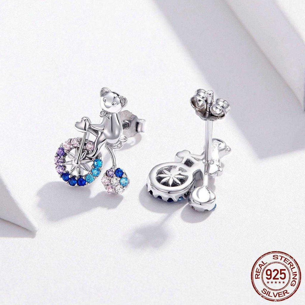 Cycolinks 925 Sterling Silver Cute Bicycle Zircon Stud Earrings - Cycolinks