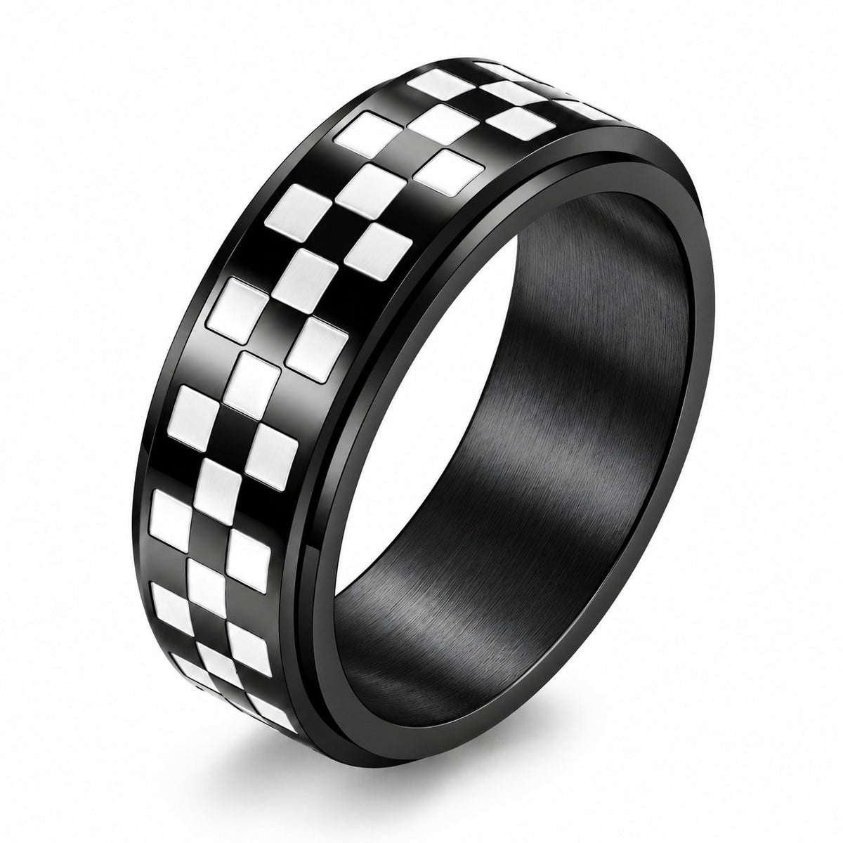 Black Checkered Flag Spinner Ring on a clean white background