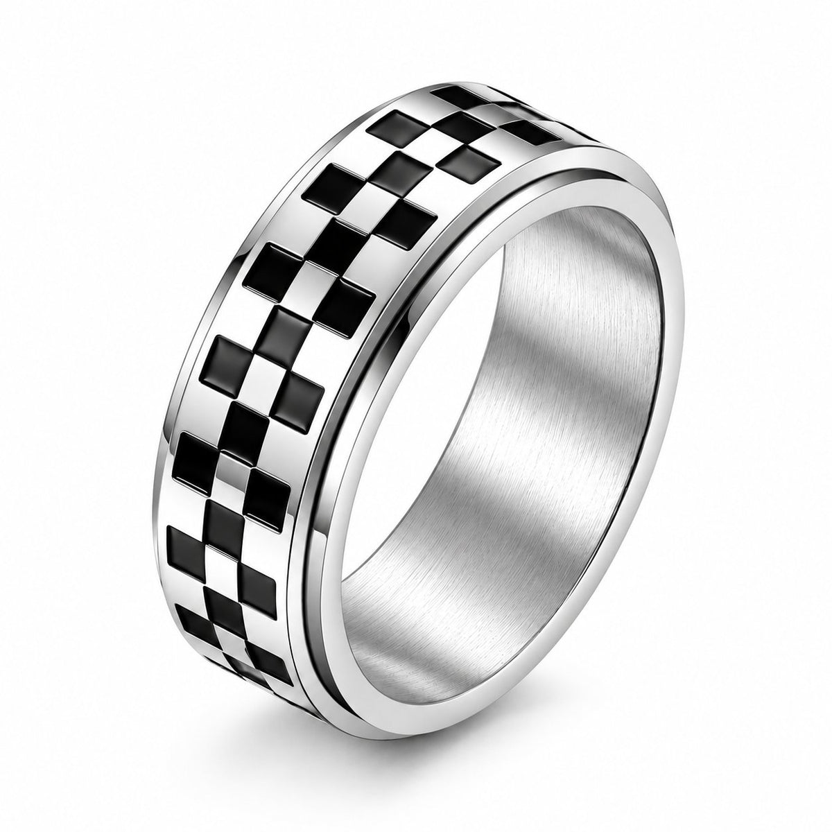 Silver Checkered Flag Spinner Ring on a clean white background