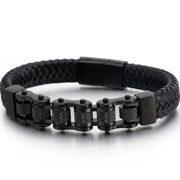 Retro Leather Bike Chain Bracelet in Black colour