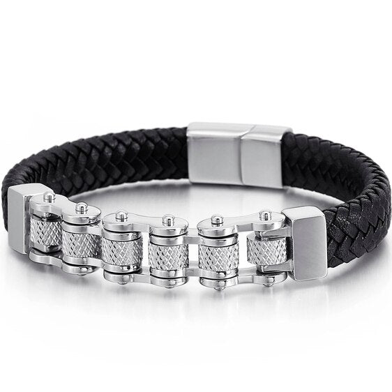 Retro Leather Bike Chain Bracelet in Silver colour