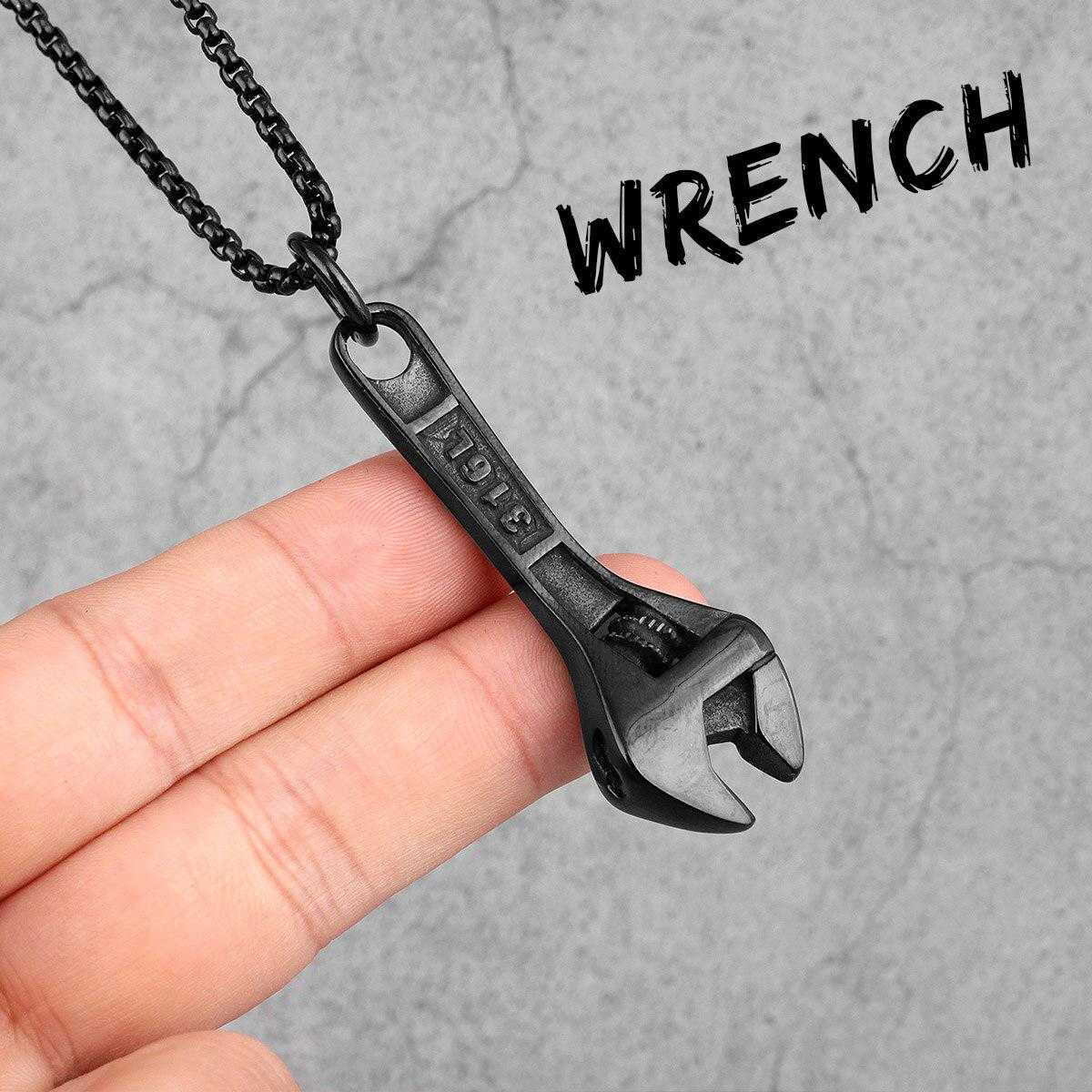 Stainless Steel Wrench Pendant Necklace in Black colour