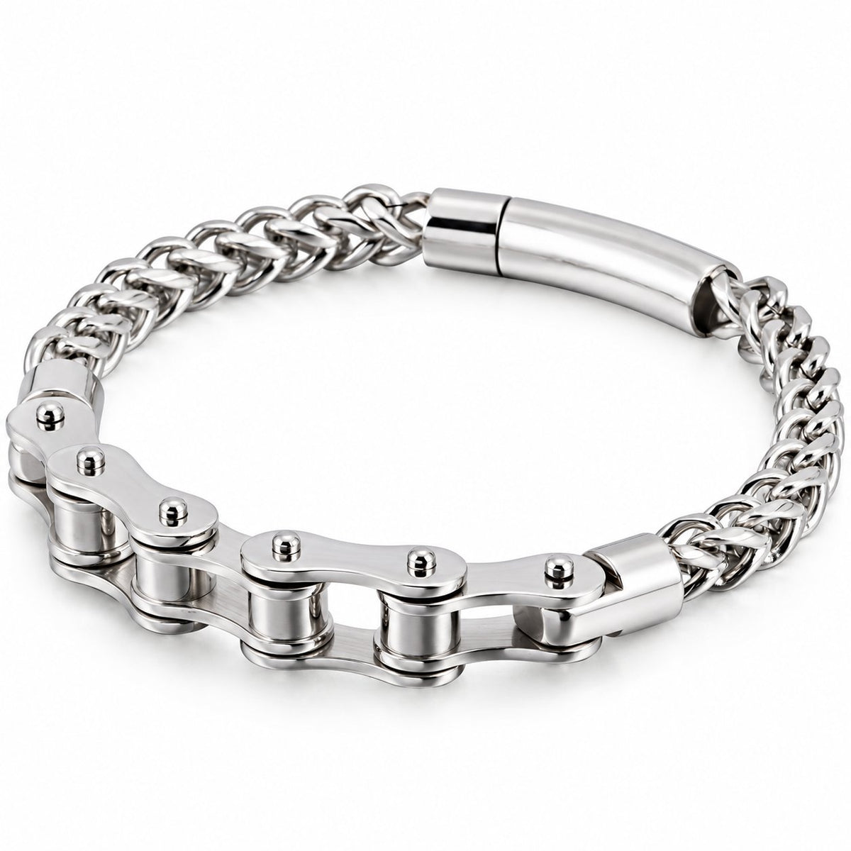 Silver cast metal bike chain bracelet on a white background