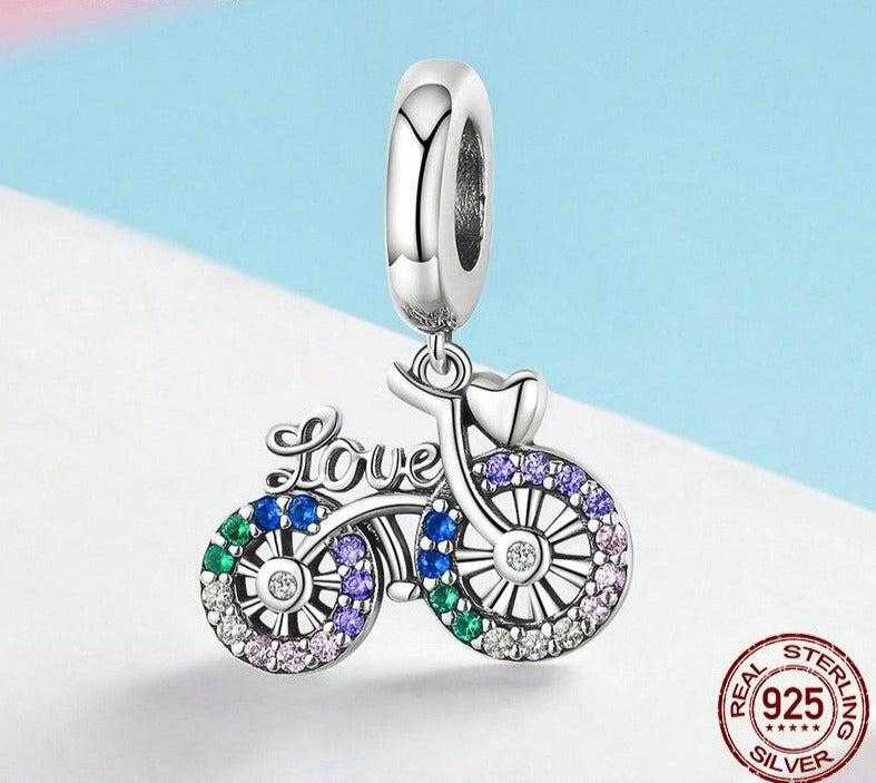 Cycolinks 925 Sterling Silver Crystal Love Bicycle Pendant Charm - Cycolinks