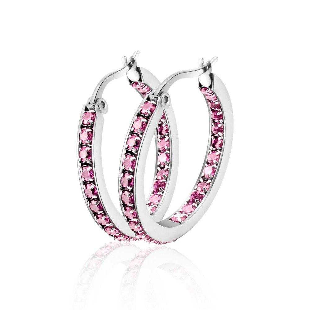 Classic CZ Hoop Earrings in Pink colour