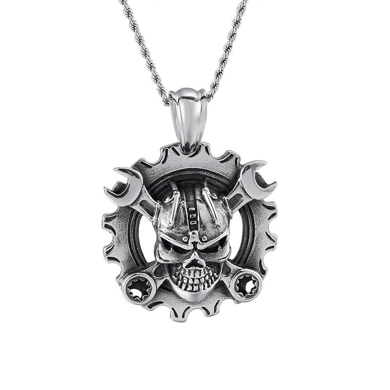 Gear Skull & Spanners Pendant Necklace in With Chain 60cm (24") colour