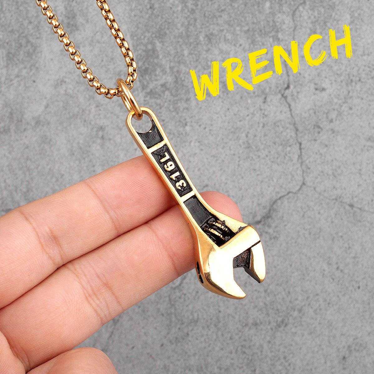 Stainless Steel Wrench Pendant Necklace in Gold colour