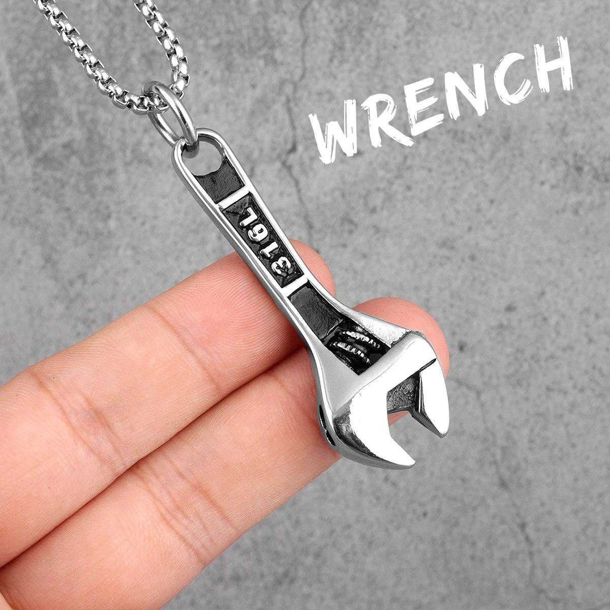 Stainless Steel Wrench Pendant Necklace in Silver colour