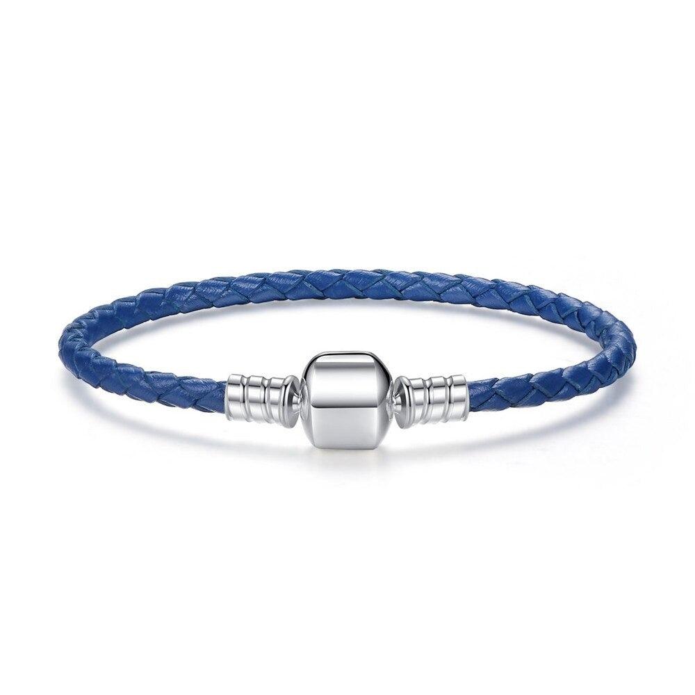 925 Sterling Silver & Braided Leather Charm Bracelet in Blue colour
