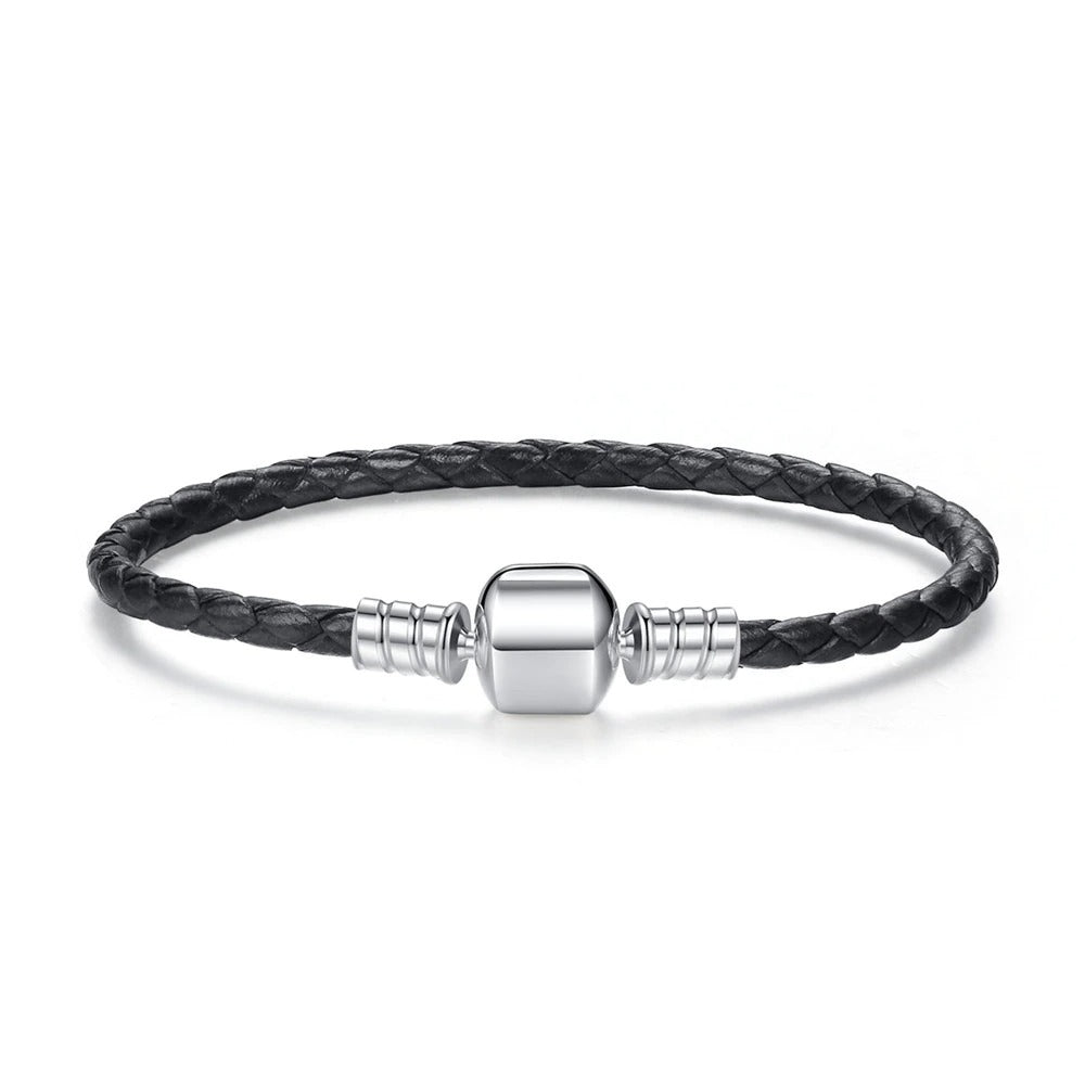 925 Sterling Silver & Braided Leather Charm Bracelet in Black colour