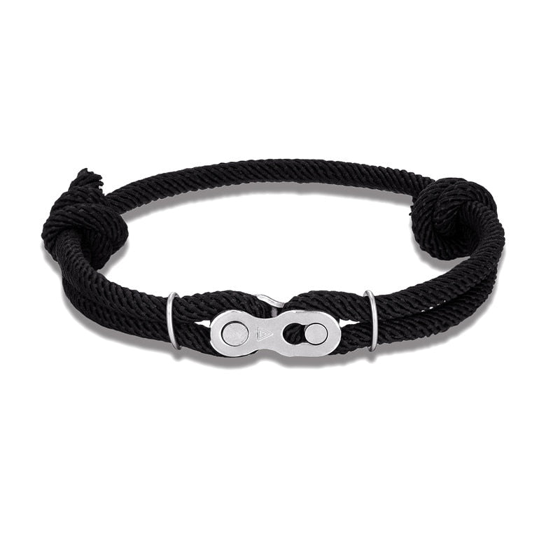 Adjustable Split Link Bracelet in black with a steel bicycle split-link centrepiece