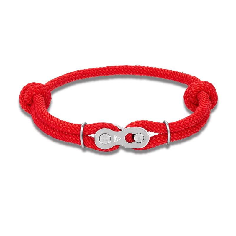 Adjustable Split Link Bracelet in red with a steel bicycle split-link centrepiece