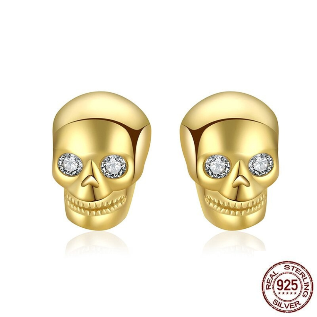 925 Sterling Silver Skull Stud Earrings in Gold colour