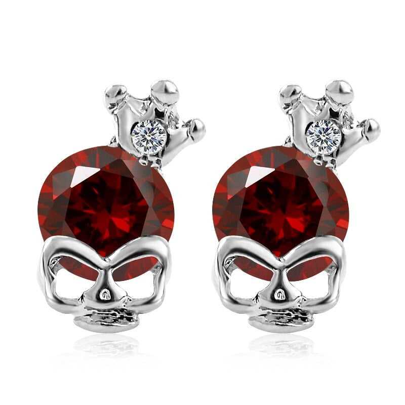 Skull Crown Zirconia Earrings in Red colour